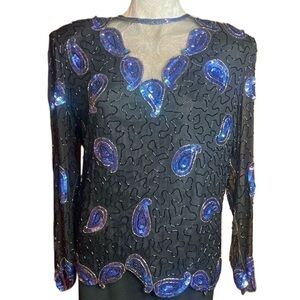 Vintage Nina couture black blue sequin beaded silk top evening Sz XL